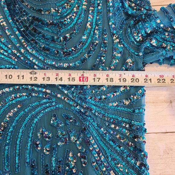 Vintage 80s Oleg Cassini Beaded Sequined Silk Blouse Teal Blue Glam Party - Picture 7 of 11